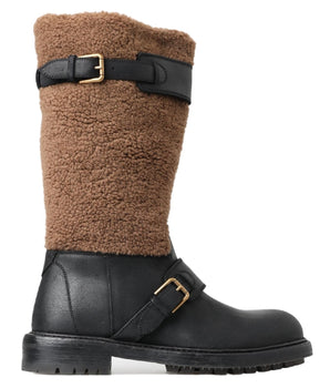 Dolce &amp; Gabbana Black Leather Brown Shearling Boots