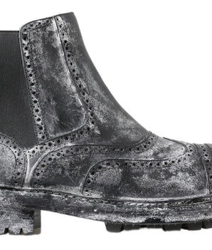 Dolce &amp; Gabbana Black Gray Leather Ankle Boots