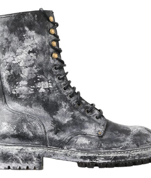 Dolce &amp; Gabbana Black Gray Leather Mid Calf Boots Shoes