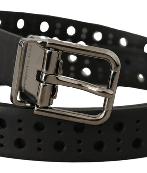 Dolce &amp; Gabbana Black Calf Perforated Metal Buckle Belt
