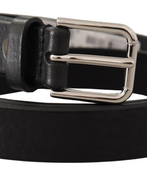 Dolce &amp; Gabbana Black Calf Leather Silver Tone Logo Metal Buckle Belt