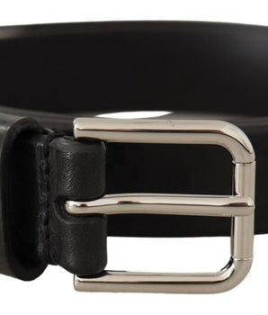 Dolce &amp; Gabbana Black Calf Leather Silver Tone Logo Metal Buckle Belt