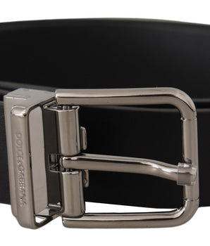 Dolce &amp; Gabbana Black Calf Leather Logo Engraved Metal Buckle Belt