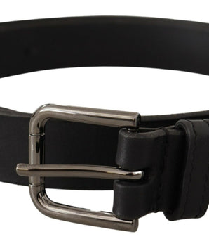 Dolce &amp; Gabbana Black Calf Leather Logo Engraved Metal Buckle Belt