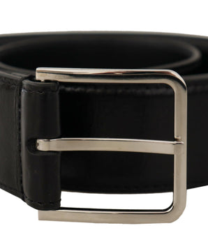 Dolce &amp; Gabbana Black Calf Leather Logo Engraved Metal Buckle Belt