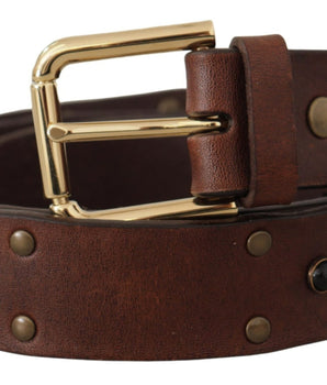 Dolce &amp; Gabbana Brown Leather Studded Gold Tone Metal Buckle Belt