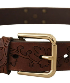 Dolce &amp; Gabbana Brown Leather Floral Studded Metal Buckle Belt