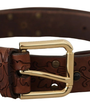 Dolce &amp; Gabbana Brown Leather Floral Studded Metal Buckle Belt