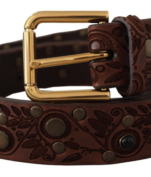 Dolce &amp; Gabbana Brown Calf Leather Embossed Gold Metal Buckle