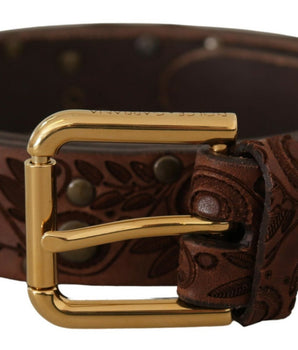 Dolce &amp; Gabbana Brown Calf Leather Embossed Gold Metal Buckle