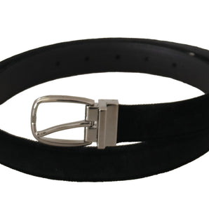 Dolce &amp; Gabbana Elegant Black Velvet Engraved Buckle Belt