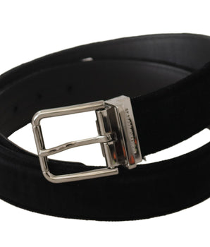 Dolce &amp; Gabbana Black Velvet Silver Logo Engraved Metal Buckle Belt