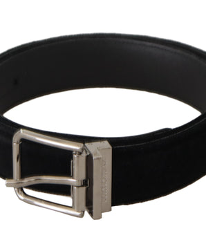 Dolce &amp; Gabbana Black Velvet Silver Logo Engraved Metal Buckle Belt