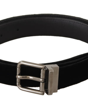 Dolce &amp; Gabbana Black Classic Velvet Logo Engraved Metal Buckle Belt