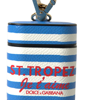 Dolce &amp; Gabbana Blue Stripe Dauphine Leather Logo Print Airpod Case
