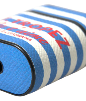 Dolce &amp; Gabbana Blue Stripe Dauphine Leather Logo Print Airpod Case