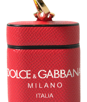 Dolce &amp; Gabbana Red Leather Gold Tone Metal Logo Print Airpods Case