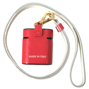 Dolce & Gabbana Red Leather Gold Tone Metal Logo Print Strap Airpods Case