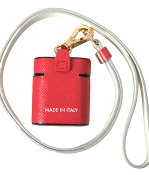 Dolce &amp; Gabbana Red Leather Gold Tone Metal Logo Print Strap Airpods Case