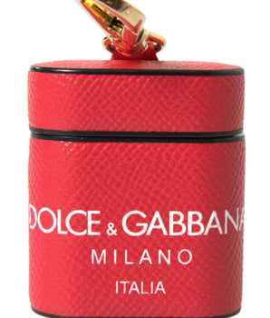 Dolce &amp; Gabbana Red Leather Gold Tone Metal Logo Print Strap Airpods Case