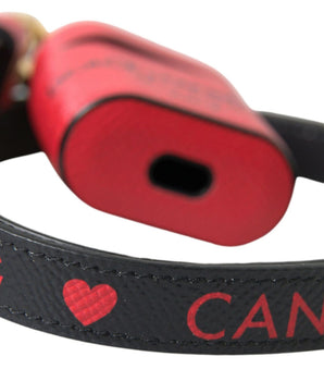 Dolce &amp; Gabbana Red Black Calf Leather Logo Print Strap Airpods Case