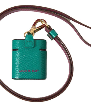 Dolce &amp; Gabbana Green Maroon Calf Leather Logo Print Strap Airpods Case