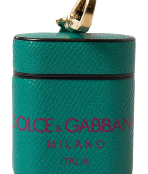 Dolce &amp; Gabbana Green Maroon Calf Leather Logo Print Strap Airpods Case