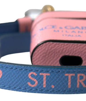 Dolce &amp; Gabbana Pink Blue Calf Leather Logo Print Strap Airpods Case