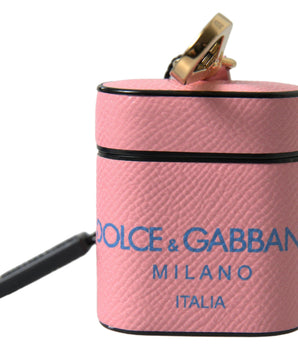 Dolce &amp; Gabbana Pink Blue Calf Leather Logo Print Strap Airpods Case