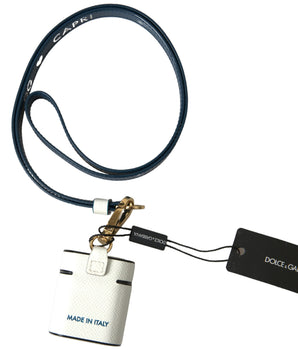 Dolce &amp; Gabbana White Blue Calf Leather Logo Print Strap Airpods Case