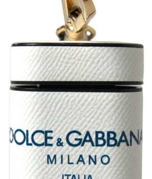Dolce &amp; Gabbana White Blue Calf Leather Logo Print Strap Airpods Case