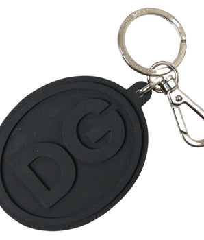 Dolce &amp; Gabbana Black Rubber DG Logo Silver Brass Metal Keychain