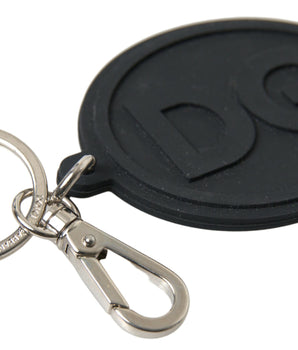 Dolce &amp; Gabbana Black Rubber DG Logo Silver Brass Metal Keychain