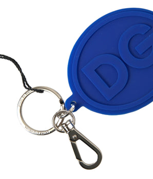 Dolce &amp; Gabbana Blue Rubber DG Logo Silver Brass Metal Keyring Keychain