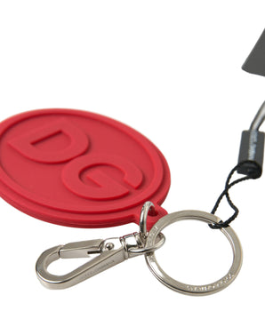 Dolce &amp; Gabbana Red Rubber DG Logo Silver Brass Metal Keyring Keychain