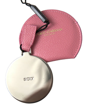 Dolce &amp; Gabbana Pink Calfskin Leather Round Logo Print Hand Mirror Holder