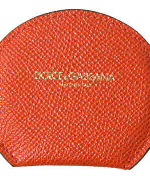 Dolce &amp; Gabbana Orange Calfskin Leather Round Logo Hand Mirror Holder