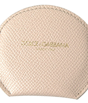 Dolce &amp; Gabbana Beige Calfskin Leather Round Logo Hand Mirror Holder