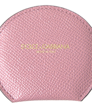 Dolce &amp; Gabbana Pink Calfskin Leather Round Logo Print Hand Mirror Holder