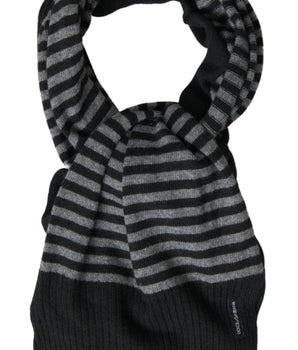 Dolce & Gabbana Black Gray Stripe Wool Neck Wrap Shawl Scarf