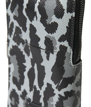 Dolce & Gabbana Gray Leopard Leather Men Purse Crossbody Sling Phone Bag