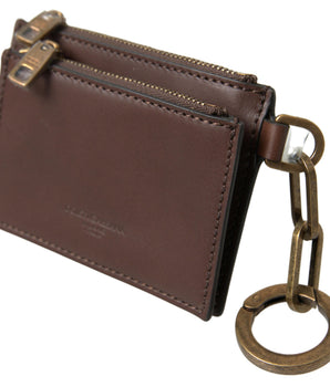 Dolce & Gabbana Brown Leather Zip Logo Keyring Coin Purse Wallet