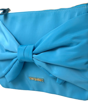 Twinset Blue Tafta Silk Large Bow Zipper Clutch Women Borse Logo Bag
