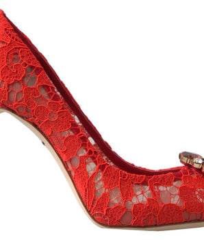 Dolce & Gabbana Red Taormina Lace Crystal Heels Pumps Shoes