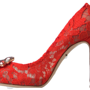 Dolce & Gabbana Chic Red Lace Heels with Crystal Embellishment