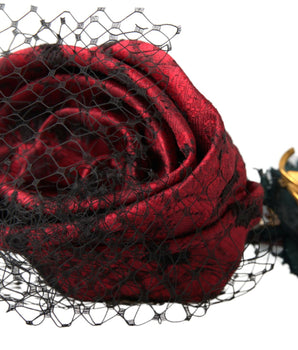 Dolce & Gabbana Red with multicolor Rose Silk Crystal Netted Logo Diadem Headband