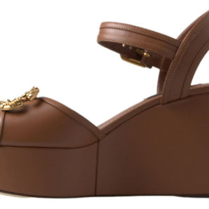 Dolce &amp; Gabbana Chic Brown Leather Ankle Strap Wedges