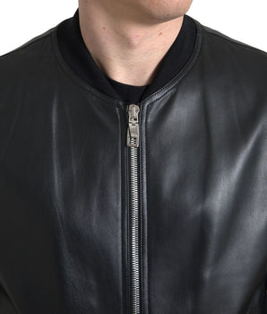 Dolce &amp; Gabbana Black Leather Full Zip Bomber Jacket Men