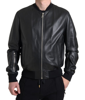 Dolce &amp; Gabbana Black Leather Full Zip Bomber Jacket Men