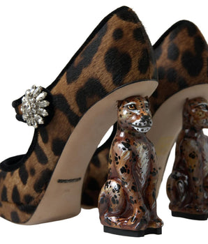 Dolce &amp; Gabbana Black Brown Calf Leopard Heel Mary Jane Pump Shoes